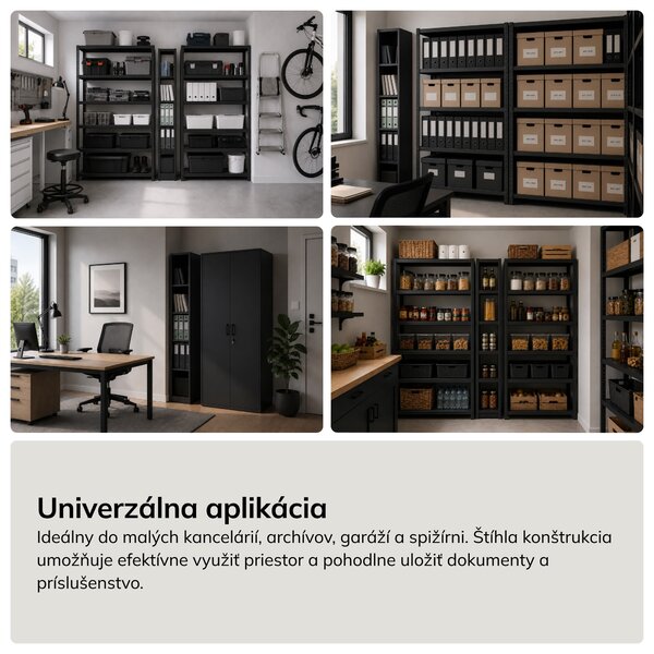 Úzky kovový archivačný regál na dokumenty čierny, 250x1950x400 mm: TIM