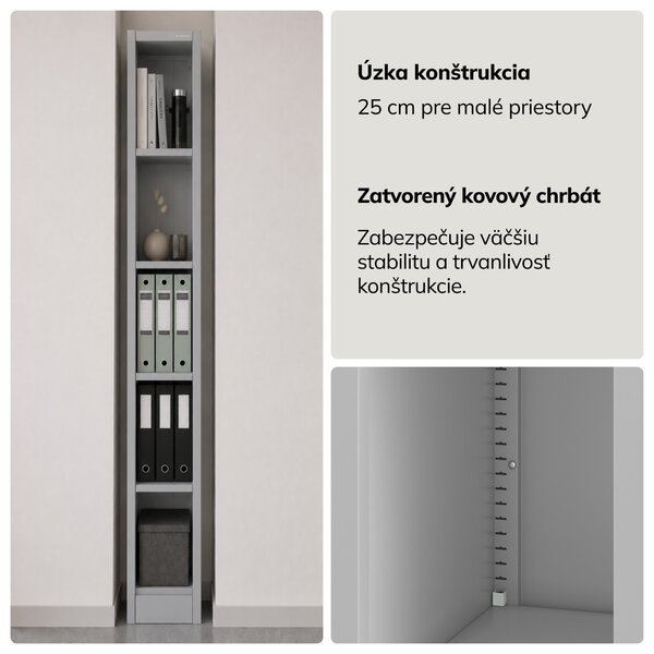 Úzky kovový archivačný regál na dokumenty sivý, 250x1850x600 mm: TIM