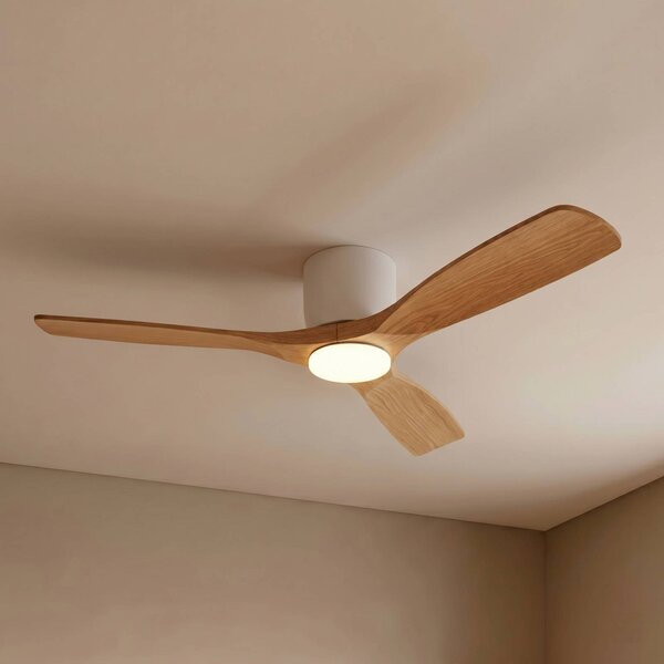 Lucande Inteligentný stropný ventilátor Smart LED Moneno, biela/drevo, Tuya, Svetlé drevo, Obývacia izba / jedáleň, kov, Moderný