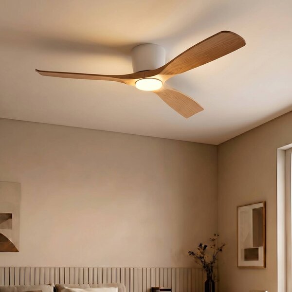 Lucande Inteligentný stropný ventilátor Smart LED Moneno, biela/drevo, Tuya, Svetlé drevo, Obývacia izba / jedáleň, kov, Moderný