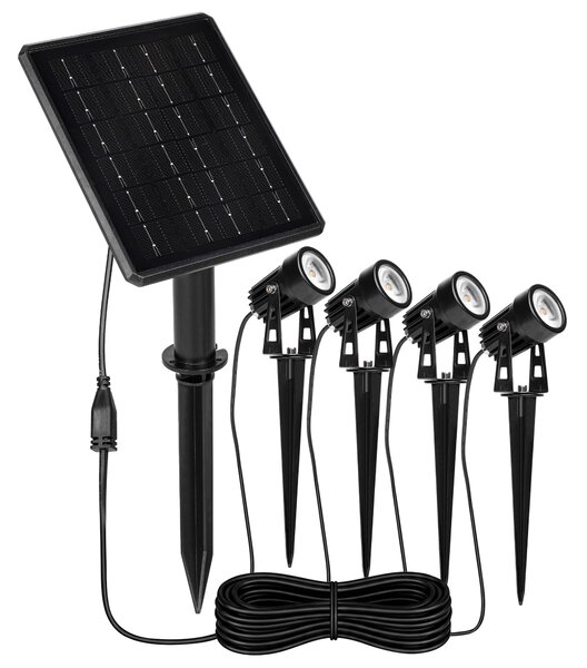 MasterLED solárne vonkajšie osvetlenie záhrady, 4 LED diódy, 3000K, 400 lm, IP54, čierna, s kovovým podstavcom na zapichnutie do zeme