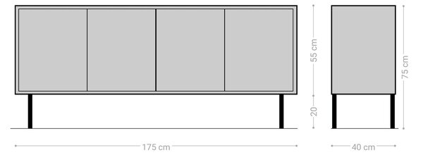 DELIFE Komoda Muvi 175 cm dub prírodná mango čierny kov čierny 4 dvierka