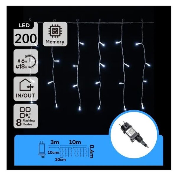 Aigostar - LED vonkajšia vianočná reťaz 200xLED/3,6W/230V/8 funkcií 10x0,4m IP44 studená biela