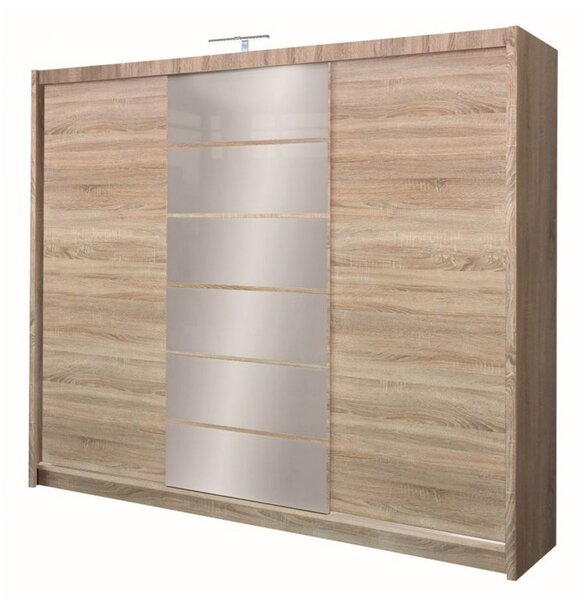 Šatníková skriňa so zrkadlom a LED osvetlením CASILDA - 250 cm, dub sonoma