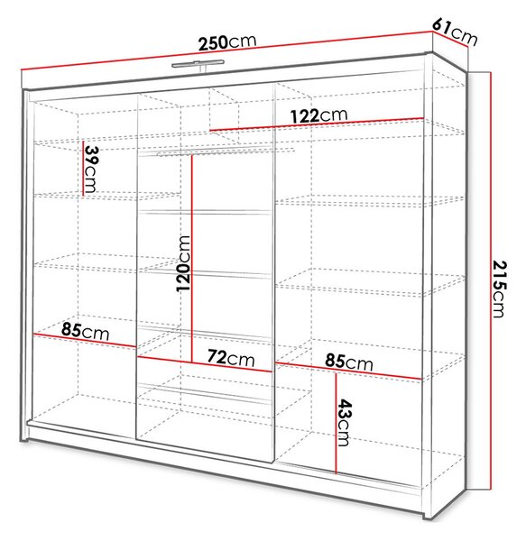 Šatníková skriňa so zrkadlom a LED osvetlením CASILDA - 250 cm, dub sonoma