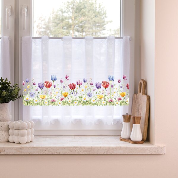 Záclona žakárová, Tulipány, biela 50 cm