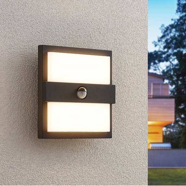 Lucande LED vonkajšie nástenné svietidlo Gylfi, 20 cm, čierne, senzor, Čierna, Hliník, Moderný, Nástenné svietidlo