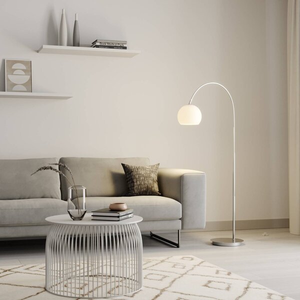 Lindby oblúková lampa Cynthia, niklová farba, sklo, 140 cm, E27, Hliník / sivá / zinok, Obývacia izba / jedáleň, Sklo, Moderný, Stolová lampa