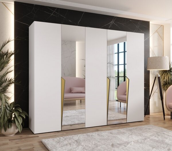 Široká šatníková skriňa 250 cm SORAYA 2 so zrkadlom - biela / zlaté úchyty