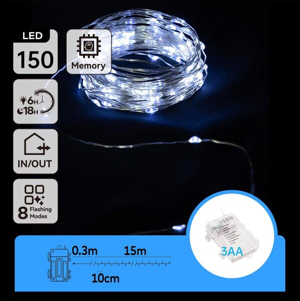 Aigostar - LED vonkajšia svetelná reťaz 150 LED/8 funkcií 15,3 m IP44 studená biela