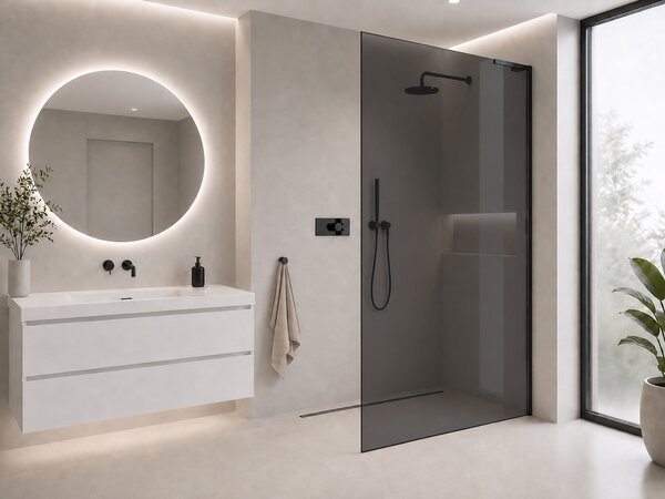 CERANO - Sprchová zástena Walk-in Onyx L-pravá vzpera - 8 mm - čierna matná, grafitové sklo - 40x200 cm