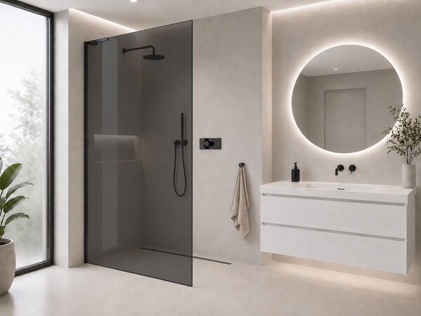 CERANO - Sprchová zástena Walk-in Onyx L-ľavá vzpera - 8 mm - čierna matná, grafitové sklo - 40x200 cm
