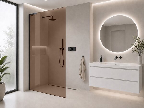 CERANO - Sprchová zástena Walk-in Onyx L-ľavá vzpera - 8 mm - čierna matná, bronzové sklo - 50x200 cm