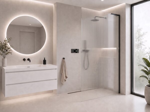 CERANO - Sprchová zástena Walk-in Onyx L-pravá vzpera - 8 mm - čierna matná, ryhované sklo - 50x200 cm