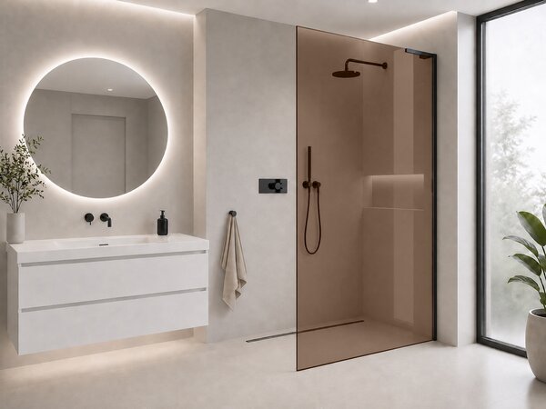 CERANO - Sprchová zástena Walk-in Onyx L-pravá vzpera - 8 mm - čierna matná, bronzové sklo - 50x200 cm