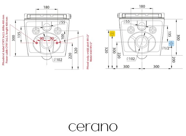 CERANO - WC závesné s integrovaným elektronickým bidetom Cronus Pro, Vortex Rimless 180° + SoftClose sedátko - biela lesklá - 59,3x38,4 cm