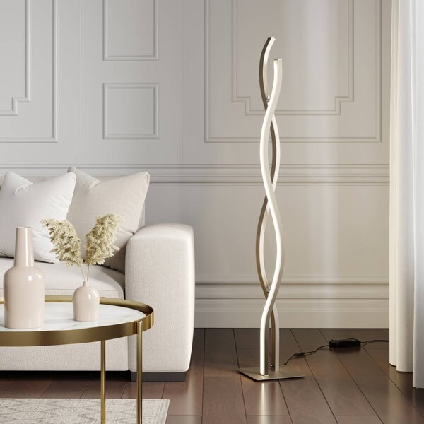 Lucande Stojacia lampa LED Mairia, strieborná, v tvare vlny, Hliník / sivá / zinok, Obývacia izba / jedáleň, Hliník, Moderný