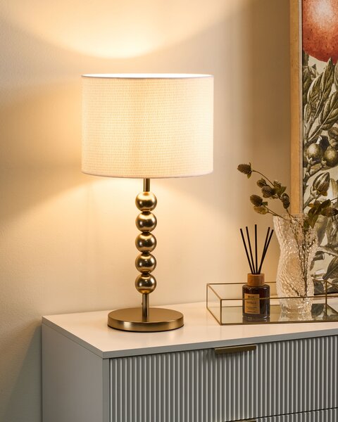 Stolná lampa mosadzná železný podstavec biele tienidlo mid-century modern štýl obývacia izba spálňa