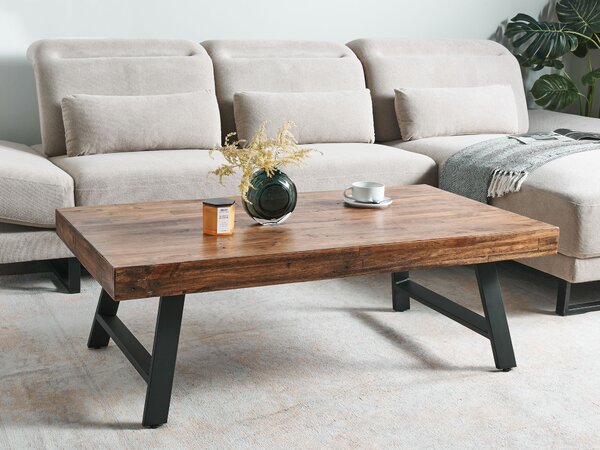 Konferenčný stolík tmavohnedý borovicové drevo MDF 130 x 70 cm stabilné čierne kovové nohy jedáleň obývacia izba industriálny štýl