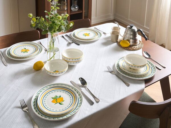 12-dielna sada jedálenského riadu biela zelená porcelán so vzorom citrónov glazúrovaný povrch servis pre 4 osoby kuchyňa jedáleň