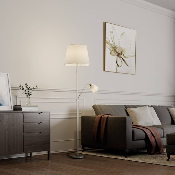 Stojacia lampa Lindby Nantwin, 175 cm, biela, nikel, textil, Biela / opálová, Obývacia izba / jedáleň, Textil / látka / hodváb, Moderný, Stojaca lampa