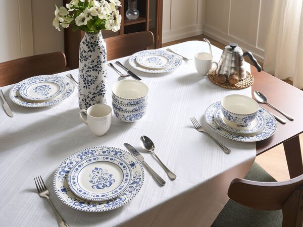 12-dielna sada jedálenského riadu biela modrá porcelán s abstraktným vzorom glazúrovaný povrch servis pre 4 osoby kuchyňa jedáleň