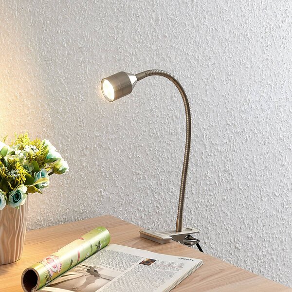 Lindby Djamila LED svietidlo, satinovaný nikel, Hliník / sivá / zinok, Pracovňa / Kancelária, kov, Moderný, Lampa s klipom/do zásuvky