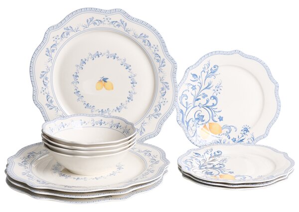 12-dielna sada jedálenského riadu biela modrá porcelán so stredomorským vzorom glazúrovaný povrch servis pre 4 osoby kuchyňa jedáleň