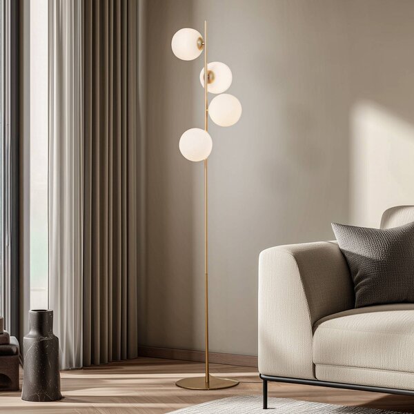 Lucande Stojacia lampa Isandro, opál/zlatá, 4-pl., sklo/kov, Mosadz / zlato, Obývacia izba / jedáleň, kov, Moderný, Stojaca lampa