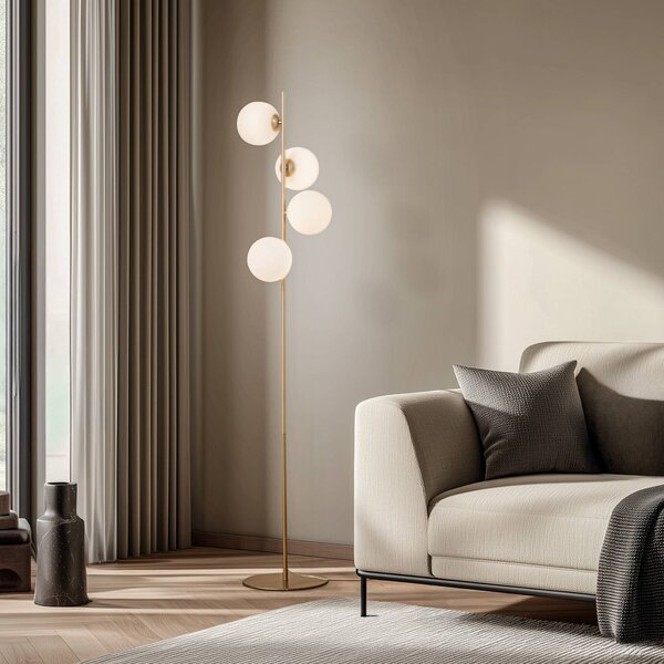 Lucande Stojacia lampa Isandro, opál/zlatá, 4-pl., sklo/kov, Mosadz / zlato, Obývacia izba / jedáleň, kov, Moderný, Stojaca lampa