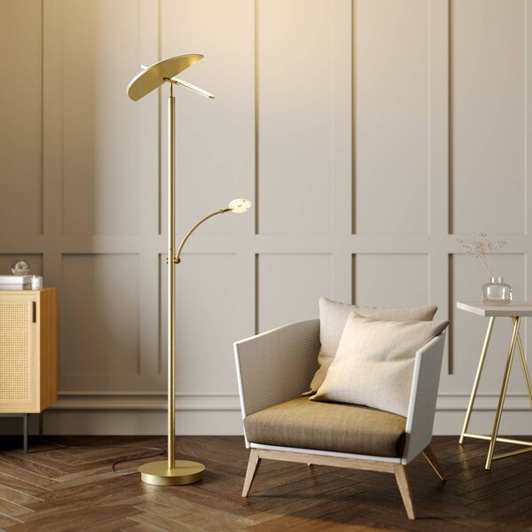 Lucande LED stojaca lampa Anniki, mosadz, nastaviteľná, stmievateľná, Mosadz / zlato, Obývacia izba / jedáleň, kov, Moderný, Zemné bodové svetlo