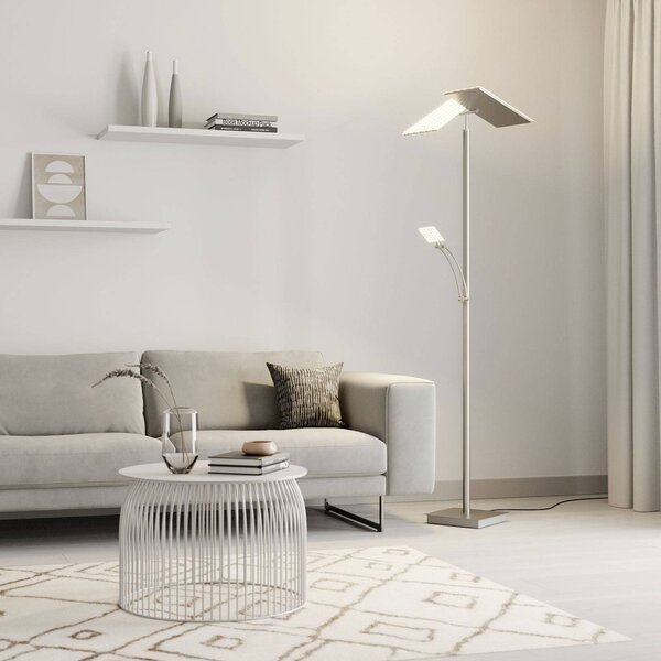 Lucande LED stojacia lampa Parthena, nikl, kov, 180 cm, Hliník / sivá / zinok, Obývacia izba / jedáleň, kov, Moderný, Zemné bodové svetlo