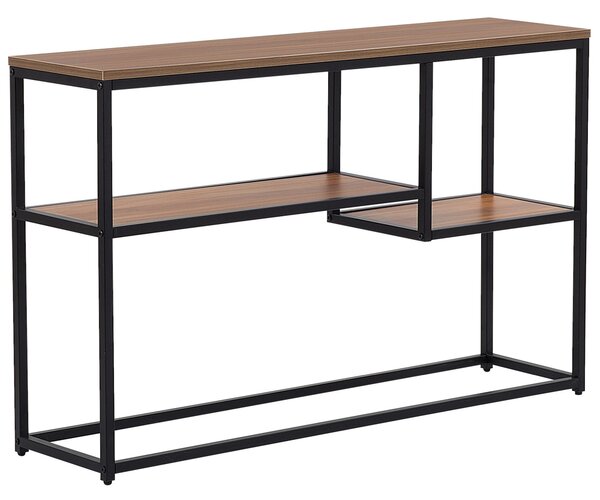 Konzolový stolík tmavé drevo čierna MDF kov 120 x 30 cm obdĺžnikový tvar 2 police úložný priestor industriálny štýl obývačka predsieň