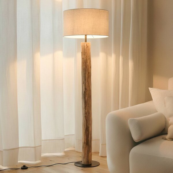 Lucande Stojacia lampa Jorvan, krémová, eukalyptus, ľan, Svetlé drevo, Obývacia izba / jedáleň, Drevo, Stojaca lampa