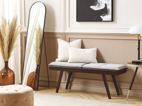 Lavička do predsiene tmavé drevo MDF svetlosivý polyester retro tradičný dizajn