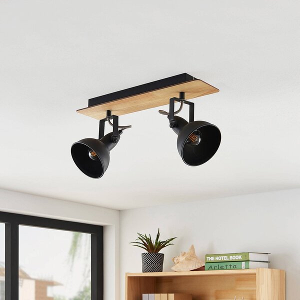 Lindby Stropné svietidlo Aylis, 2 svetlá, 40 cm, čierna, drevo, E14, Tmavé drevo, Obývacia izba / jedáleň, kov, Industriálny dizajn, Stropné svetlo