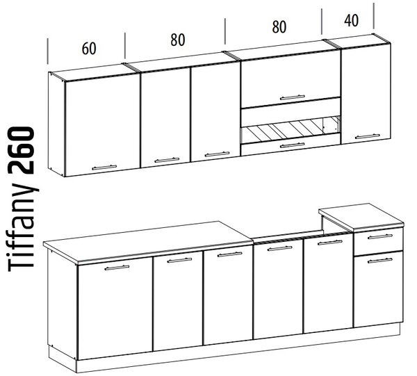 TIFFANY 260 sivý lesk, kuchynská linka v dĺžke 260 cm