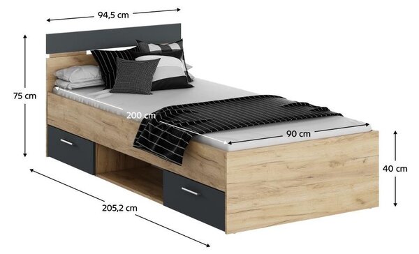 NovýNábytok.sk Jednolôžková posteľ 90 cm Michigin (dub artisan + grafit) (s úložným priestorom). Vlastná spoľahlivá doprava až k Vám domov. 1096895