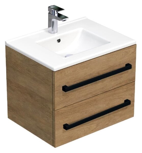 Kúpeľňová skrinka s čiernou úchytkou a umývadlom SAT Cube Way 60x47,5x46 cm dub Hickory mat CUBE46C602DHMOD