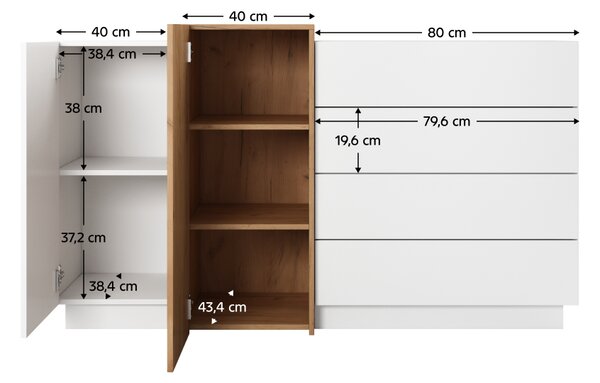 KONDELA Komoda 2D4S, biela/dub craft zlatý, TRIO