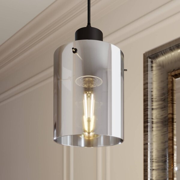 Závesná lampa Lindby Kourtney, Ø 15 cm, čierna/sivá, sklo, E27, Čierna, Obývacia izba / jedáleň, Moderný, Závesné svietidlo
