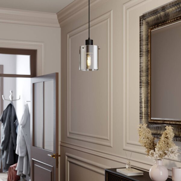Závesná lampa Lindby Kourtney, Ø 15 cm, čierna/sivá, sklo, E27, Čierna, Obývacia izba / jedáleň, Moderný, Závesné svietidlo