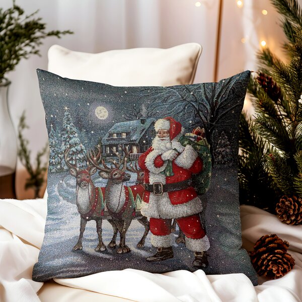 Vianočná gobelínová obliečka na vankúš s lurexom – Santa Claus s jeleňmi Farba Viacfarebná Rozmery 42x42 cm