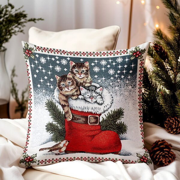 Vianočná gobelínová obliečka na vankúš Kocúriky v čižme 42x42 cm Chenille IT02 Farba Viacfarebná Rozmery 42x42 cm