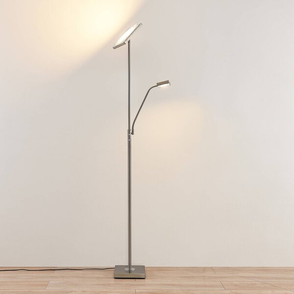 Lindby LED stojaca lampa Sumani, hranatá, niklová, výška 180 cm, Hliník / sivá / zinok, Obývacia izba / jedáleň, kov, Moderný, Zemné bodové svetlo