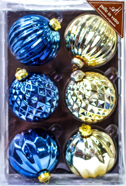 Set skleněných vánočních koulí DUE ESSE/ pr. 10 cm / 6 ks / modrá / zlatá