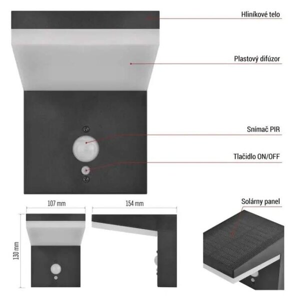 LED solárne nástenné svietidlo VEREA 4,4 W 3000 K IP44 čierne (ZGK044S)