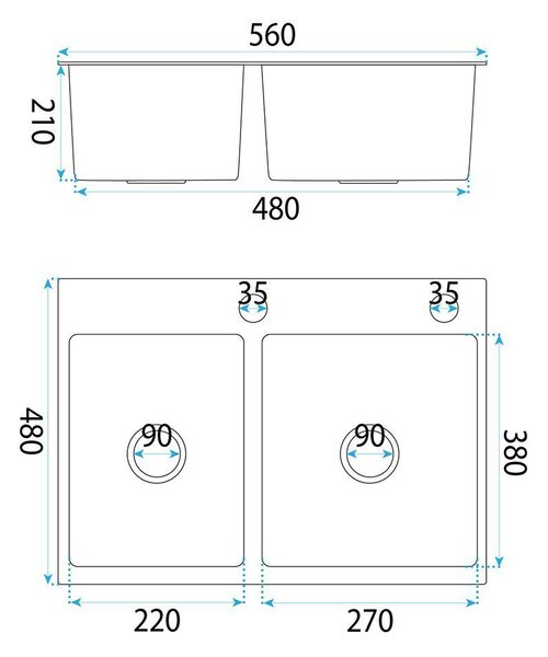 Rea Toby, 1.5-komorový nerezový drez 560x480x210 mm, brúsená oceľ, ZLE-06417