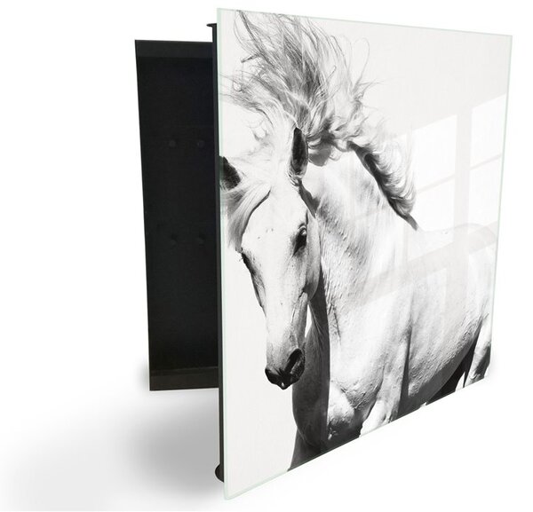 Glasdekor skrinka na kľúče dekor - kôň biely - Pravé / Čierna