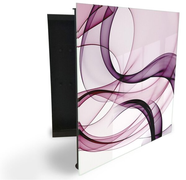 Glasdekor skrinka na kľúče - fialové abstraktné vlny na bielom - Ľavé / Čierna